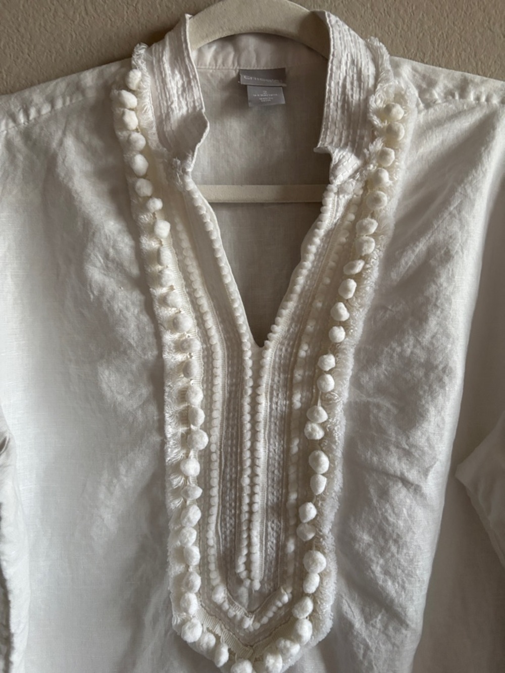 CHICO'S Linen-Blend Kurta Tunic Blouse White Pom-Pom Trim 3/4 Sleeve Size 2 - Picture 6 of 12